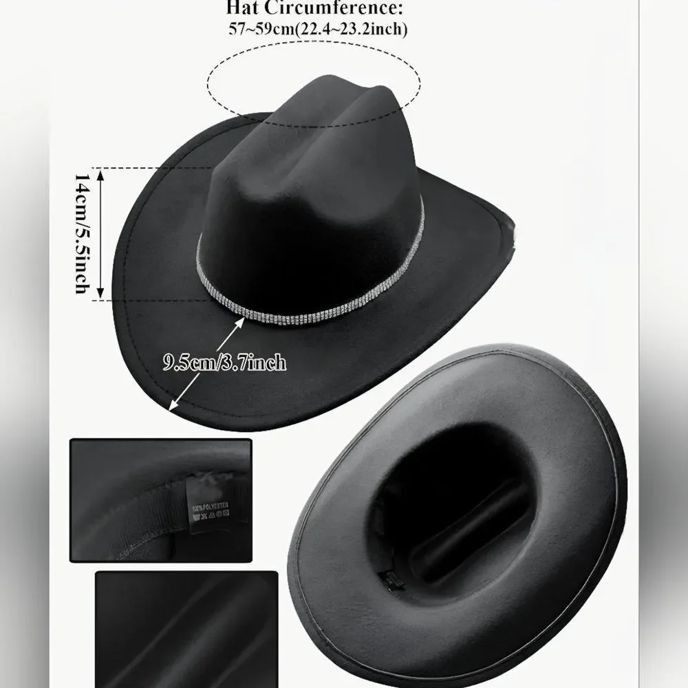 ☔️🩵Black & Rhinestone Band Wide Brim Cowgirl Hat Medium - Picture 14 of 15